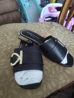 Kenneth Cole Black Slide Mules with Gold Accent